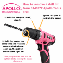 Apollo Tools 10.8 Volt Lithium-Ion Cordless Drill with 30 Piece Accessory Set PINK - DT4937P explains steps to remove a bit: hold the chuck, then hold the tip and rotate counter clockwise to open the drill bit opening.  To tighten, do the same in reverse