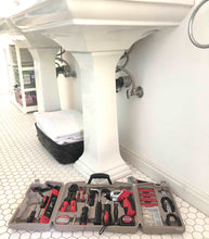 Apollo Tools 161 Piece Household Tool Kit with Convenient 3.6 Volt Lithium Ion Cordless Screwdriver - DT0739 shown in bathroom near sink and ready for DIY maintenance or repairs