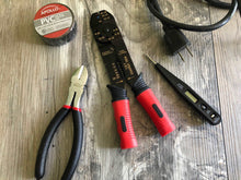 Apollo Tools 161 Piece Household Tool Kit with Convenient 3.6 Volt Lithium Ion Cordless Screwdriver - DT0739 shows a selection of tools on wood background as lifestyle image of tools in use for electrical work