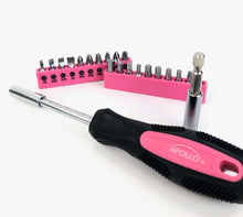 Apollo Tools 53 Piece Household Tool Kit with Tool Box Pink- DT9773P bit driver, bit extension and bit on white background