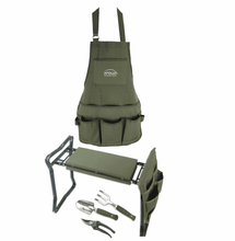 green garden apron , green garden kneeler and seat, green garden tools