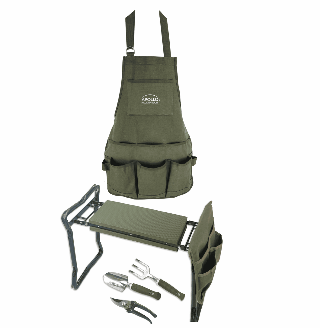 green garden apron , green garden kneeler and seat, green garden tools