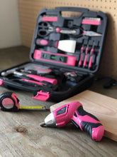 Pink tool set with cordless screwdriver, pink tool kit with rechargeable screwdriver, powerful pink screwgun tooset donation to breast cancer