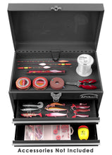 APOLLO TOOLS Black Steel Tool Chest with 2 Drawers and Ample Top Compartment -- DT5010 shows in use drawers and top open with fish tackles not included with purchase
