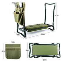 garden kneeler and pouch with rake, pruner and trowel open to kneeling position