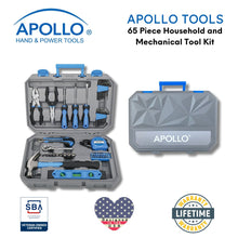 65 Piece Household and Mechanical Tool Set -- DT0001 open case with all tools  
shown with Apollo Tools logo and badges including lifetime warranty, and Veteran Owned small business certification