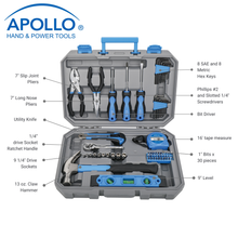 Apollo Tools 65 piece tool set with socket set content includes: 
7” Slip Joint Pliers,
16' Tape Measure,
Utility Knife,
9” Level,
13 oz. Claw Hammer,
1/4” drive Socket Ratchet Handle,
Nine 1/4” drive Sockets: 3/16”, 1/4”, 9/32”, 5/16”, 11/32”, 3/8”, 7/16”, 15/32”, 1/2",
Eight SAE Hex Keys: 1/16", 5/64", 3/32", 1/8", 5/32", 3/16", 7/32", 1/4",
Eight Metric Hex Keys: 1.5mm, 2mm, 2.5mm, 3mm, 4mm, 5mm, 5.5mm, 6mm,
Bit Driver,
Slotted 1/4” Screwdriver, Phillips #2 Screwdriver,
Thirty CRV 1" Bits
