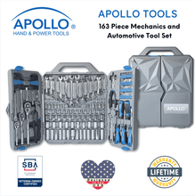 Apollo Tools 163 Piece Mechanics Tool Kit -- DT0002 shown with Apollo Tools logo and badges including lifetime warranty, and Veteran Owned small business certification