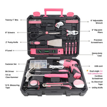 New and Improved 135 Piece Pink Household Tool Set with Pivoting Dual-Angle 3.6 Volt Lithium-Ion Cordless Screwdriver in Hard Case - DT0774P call outs include:  One Hundred Piece Fastener Set
18mm Utility Knife
Twenty 1" Bits CRV 
2” Bit Connector
8" Scissors
9 oz Claw Hammer
Four Screwdrivers 
UL Electrical Tape
6" Long Nose Pliers
9" Plastic Magnetic Level
12 ft. 5/8" Measuring Tape
6" Adjustable Wrench
2" Putty Knife