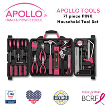 Apollo Tools 71 Piece Household Tool Kit Pink -model  DT0204P shown with Veteran owned certified, Lifetime warranty, and partnership with the Breast Cancer Research Foundation badges