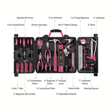 Apollo Tools 71 Piece Household Tool Kit Pink -model  DT0204P shows product and callouts.  
2" Magnetic Bits Holder
12 ft Tape Measure
Two 3" Metal Clamps
6" Hacksaw
6" Combination Pliers
6" Long Nose Pliers
6" Side Cutting Pliers
6" Stainless Steel Ruler
7" Carpenter Pencil
9" Torpedo Level
8" Adjustable Wrench
13 oz Hammer
Roofing Square
Ratchet Bit Driver
Four Screwdrivers
18mm Knife
Eleven Hex Keys
Forty 1" Bits