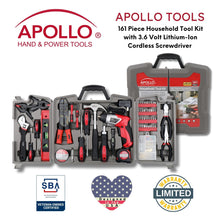 Apollo Tools 161 Piece Household Tool Kit with Convenient 3.6 Volt Lithium Ion Cordless Screwdriver - DT0739 shown with Apollo Tools logo and badges including lifetime warranty and Veteran Owned small business certification