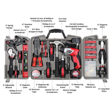 Apollo Tools 161 Piece Household Tool Kit with Convenient 3.6 Volt Lithium Ion Cordless Screwdriver - DT0739 shows tool box and call outs including: 
3.6 Volt Cordless Rechargeable Screwdriver and charger
6" Diagonal Pliers
6" Long Nose Pliers
100 piece fastener set
12' Measuring Tape
Slotted 1/4" x 4" 
Screwdrivers
Electric Voltage Tester
Ratcheting Bit Driver
2" Magnetic Bit Extension
UL Electrical Tape
9" Magnetic Level
8" Adjustable Wrench
Phillips # 0 x 3" Screwdriver
3" Spring Clamps