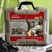 Apollo Tools 161 Piece Household Tool Kit with Convenient 3.6 Volt Lithium Ion Cordless Screwdriver - DT0739 shows tool box closed against DIY background wth ladder, paint brush and work gloves