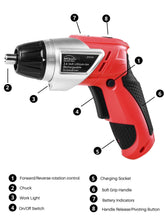 Apollo Tools 161 Piece Household Tool Kit with Convenient 3.6 Volt Lithium Ion Cordless Screwdriver - DT0739 shows screwdriver and callouts including:  forward revere rotation control, chuck, work light, on/off switch, charging socket, soft grip handle, battery indicators, handle release/pivoting button