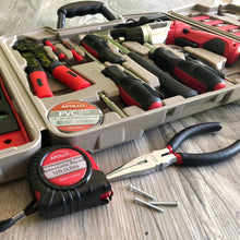 Apollo Tools 161 Piece Household Tool Kit with Convenient 3.6 Volt Lithium Ion Cordless Screwdriver - DT0739 shown detail of tool set against wood background and a few tools out of the case