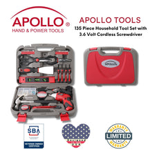 Apollo Tools 135 Piece Household Tool Set with Pivoting Dual-Angle 3.6 Volt Lithium-Ion Cordless Screwdriver - DT0773 shown with Apollo Tools logo and badges including lifetime warranty and Veteran Owned small business certification