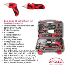 Apollo Tools 135 Piece Household Tool Set with Pivoting Dual-Angle 3.6 Volt Lithium-Ion Cordless Screwdriver - DT0773 content includes: Fastener Set
Dual-angle 3.6 Volt Lithium-Ion Cordless  Screwdriver
Heavy-duty  Case
Utility Knife
Twenty 1" Bits
Bit Driver
Electrical Tape
Precision Screwdrivers
Hammer
2" Putty Knife
6" Adjustable Wrench
6" Slip Joint  Pliers
9"Level
USB cord
8" Scissors
Measuring  Tape