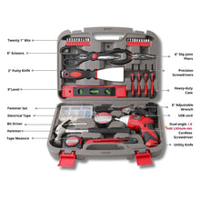 Apollo Tools 135 Piece Household Tool Set with Pivoting Dual-Angle 3.6 Volt Lithium-Ion Cordless Screwdriver - DT0773 content includes: Fastener Set
Dual-angle 3.6 Volt Lithium-Ion Cordless  Screwdriver
Heavy-duty  Case
Utility Knife
Twenty 1" Bits
Bit Driver
Electrical Tape
Precision Screwdrivers
Hammer
2" Putty Knife
6" Adjustable Wrench
6" Slip Joint  Pliers
9"Level
USB cord
8" Scissors
Measuring  Tape