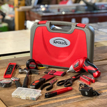 Apollo Tools 135 Piece Household Tool Set with Pivoting Dual-Angle 3.6 Volt Lithium-Ion Cordless Screwdriver - DT0773 shown case closed with tools out inside a workshop