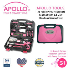 135 Piece Household Tool Kit Pink with Pivoting Dual-Angle 3.6 Volt Lithium-Ion Cordless Screwdriver - DT0773N1 shown with Apollo Tools logo and badges including lifetime warranty and Veteran Owned small business certification.  $1 breast cancer donation with every purchase of this tool set