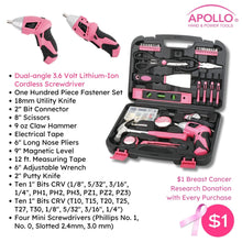 135 Piece Household Tool Kit Pink with Pivoting Dual-Angle 3.6 Volt Lithium-Ion Cordless Screwdriver - DT0773N1 content includes:  One Hundred Piece Fastener Set
18mm Utility Knife
Twenty 1" Bits CRV 
2” Bit Connector
8" Scissors
9 oz Claw Hammer
Four Screwdrivers 
UL Electrical Tape
6" Long Nose Pliers
9" Plastic Magnetic Level
12 ft. 5/8" Measuring Tape
6" Adjustable Wrench
2" Putty Knife