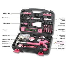 135 Piece Household Tool Kit Pink with Pivoting Dual-Angle 3.6 Volt Lithium-Ion Cordless Screwdriver - DT0773N1 call outs include:  One Hundred Piece Fastener Set
18mm Utility Knife
Twenty 1" Bits CRV 
2” Bit Connector
8" Scissors
9 oz Claw Hammer
Four Screwdrivers 
UL Electrical Tape
6" Long Nose Pliers
9" Plastic Magnetic Level
12 ft. 5/8" Measuring Tape
6" Adjustable Wrench
2" Putty Knife