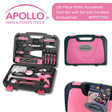 135 Piece Household Tool Kit Pink with Pivoting Dual-Angle 3.6 Volt Lithium-Ion Cordless Screwdriver - DT0773N1 show open, with closed case, and case detail