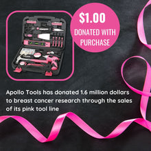 135 Piece Household Tool Kit Pink with Pivoting Dual-Angle 3.6 Volt Lithium-Ion Cordless Screwdriver - DT0773N1. Apollo Tools has donated over 1.6 million dollars to breast cancer research through the sale of its pink tool line.  The purchase of this product comes with a donation of $.1