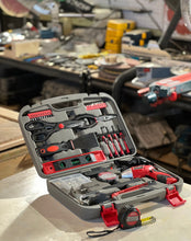 Apollo Tools 135 Piece Household Tool Set with Pivoting Dual-Angle 3.6 Volt Lithium-Ion Cordless Screwdriver - DT0773 shown open in workshop