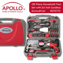Apollo Tools 135 Piece Household Tool Set with Pivoting Dual-Angle 3.6 Volt Lithium-Ion Cordless Screwdriver - DT0773 shown open and closed