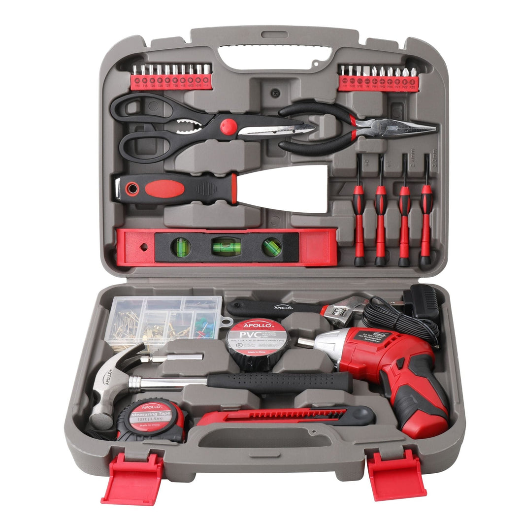 Apollo Tools 135 Piece Household Tool Set with Pivoting Dual-Angle 3.6 Volt Lithium-Ion Cordless Screwdriver - DT0773