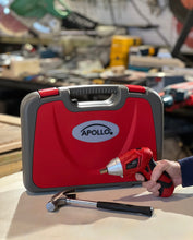 Apollo Tools 135 Piece Household Tool Set with Pivoting Dual-Angle 3.6 Volt Lithium-Ion Cordless Screwdriver - DT0773 show with cordless in use in workshop