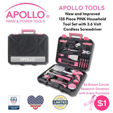 New and Improved 135 Piece Pink Household Tool Set with Pivoting Dual-Angle 3.6 Volt Lithium-Ion Cordless Screwdriver in Hard Case - DT0774P  shown with Apollo Tools logo and badges including lifetime warranty and Veteran Owned small business certification.  $1 breast cancer donation with every purchase of this tool set