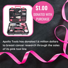 New and Improved 135 Piece Pink Household Tool Set with Pivoting Dual-Angle 3.6 Volt Lithium-Ion Cordless Screwdriver in Hard Case - DT0774P Apollo Tools has donated over 1.6 million dollars to breast cancer research through the sale of its pink tool line.  The purchase of this product comes with a donation of $.1