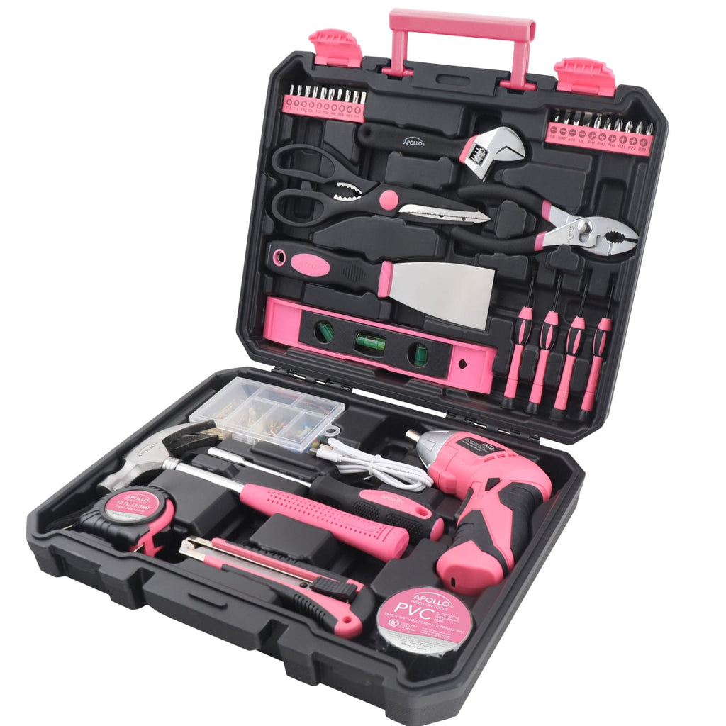 New and Improved 135 Piece Pink Household Tool Set with Pivoting