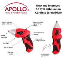 Apollo Tools 135 Piece Household Tool Set with Pivoting Dual-Angle 3.6 Volt Lithium-Ion Cordless Screwdriver - DT0773 .  cordless shown straight and right angle positions and following features:  Right to straight angle pivoting button
Battery indicator  lights and button
Chuck  Insert bit
Ergonomic 
soft grip handle
Forward-reverse control
Worklight
Charging socket
On/ off switch
Straight angle pivot button