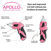 135 Piece Household Tool Kit Pink with Pivoting Dual-Angle 3.6 Volt Lithium-Ion Cordless Screwdriver - DT0773N1 cordless screwdriver shown open and closed with the following features:  Right to straight angle pivoting button
Battery indicator lights and button
Chuck Insert bit
Ergonomic soft grip handle
Forward-reverse control
Worklight
Charging socket
On/ off switch
Straight angle pivot button