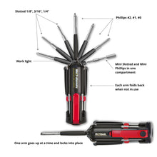 Mr. 7-Hands - DT1019 includes Includes:
Slotted 1/8", 3/16", 1/4"
Mini Slotted
Phillips #2, #1, #0
Mini Phillips
Work Light