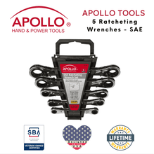 Apollo Tools 5 Piece SAE Ratcheting Wrench Set - DT1212 shown with Apollo Tools logo and badges including lifetime warranty, and Veteran Owned small business certification