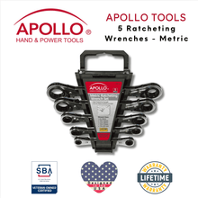 Apollo Tools 5 Ratcheting Wrenches - Metric - DT1213  
shown with Apollo Tools logo and badges including lifetime warranty, and Veteran Owned small business certification