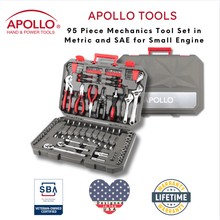 Apollo Tools 95 Piece Mechanics Tool Set in Metric and SAE shown with Apollo Tools logo and badges including lifetime warranty, and Veteran Owned small business certification