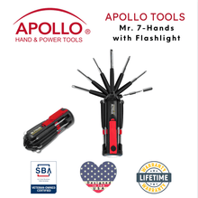 Apollo Tools Flashlight Mr. 7-Hands - DT1719 shown with Apollo Tools logo and badges including lifetime warranty, and Veteran Owned small business certification