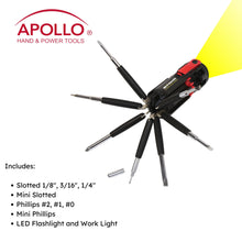 Apollo Tools Flashlight Mr. 7-Hands - DT1719 includes:  ncludes:
Slotted 1/8", 3/16", 1/4"
Mini Slotted
Phillips #2, #1, #0
Mini Phillips
LED Flashlight and Work Light