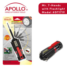 Apollo Tools Flashlight Mr. 7-Hands - DT1719 shows packaging and closed product against white background with title "Mr 7 Hands with flashlight model DT1719