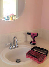 Apollo Tools 10.8 Volt Lithium-Ion Cordless Drill with 30 Piece Accessory Set PINK - DT4937P shown in bathroom
