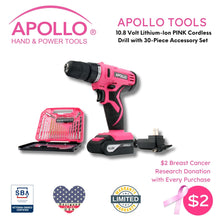 Apollo Tools 10.8 Volt Lithium-Ion Cordless Drill with 30 Piece Accessory Set PINK - DT4937P shown with Apollo Tools logo and badges, including lifetime warranty and Veteran Owned small business certification