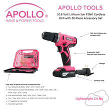 Apollo Tools 10.8 Volt Lithium-Ion Cordless Drill with 30 Piece Accessory Set PINK - DT4937P case content include:  ase with 30 piece Drill and Screwdriver Bits
Four Masonry Drill Bits: 5/32", 3/16", 15/64", 5/16"
Nine Titanium Coated HSS Drill Bits: 1/16", 5/64", 3/32", 7/64", 1/8", 9/64", 5/32", 3/16", 15/64"
Five wood drill bits: 7/64", 5/32", 3/16", 15/64", 5/16"
Ten 1" bits: 5/32", 3/16", 1/4", 9/32", PH1, PH2, PH3, PZ1, PZ2, PZ3
2" magnetic bit connector
Chamfering Drill Bit.