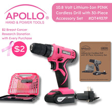 Apollo Tools 10.8 Volt Lithium-Ion Cordless Drill with 30 Piece Accessory Set PINK - DT4937P shows packaging, product, and a $2 donation to breast cancer research