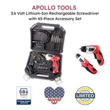 3.6 Volt Lithium-Ion Rechargeable Screwdriver with 45 Pieces Accessory Set - DT4944 shown with Apollo Tools logo and badges including lifetime warranty and Veteran Owned small business certification